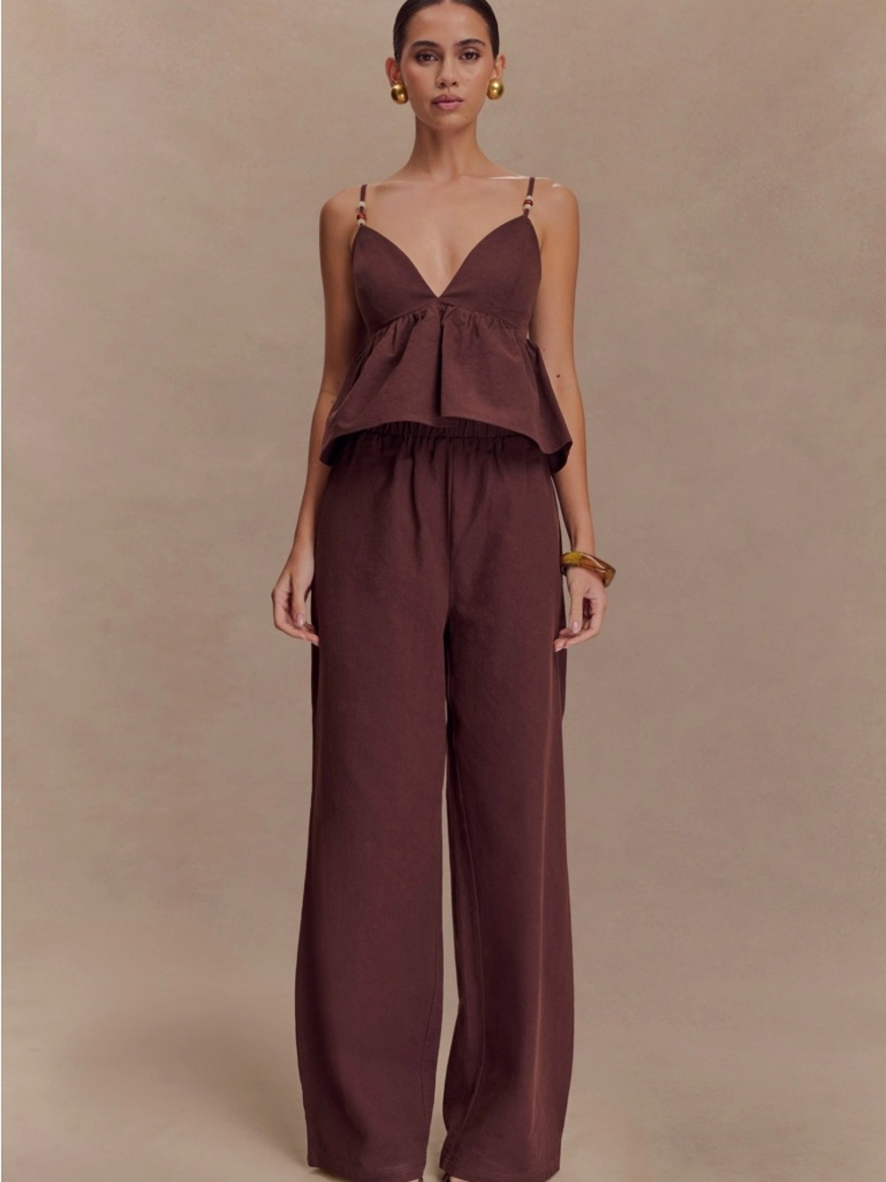 Meshki Chocolate Brown Wide-Leg set with Peplum Top